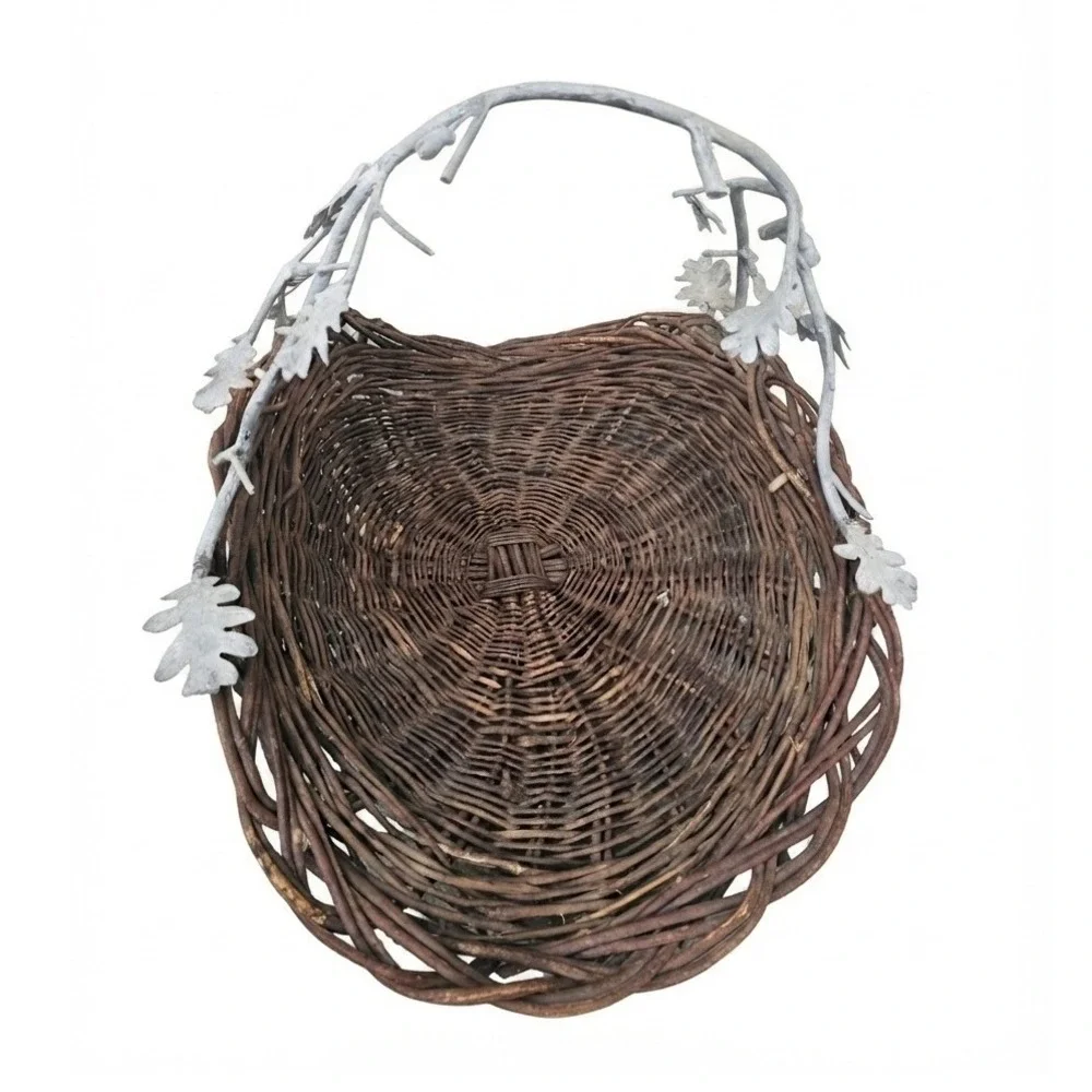 Woven Grapevine Wicker Harvest Basket Large Brown Metal Oak Branch Handle 29in
